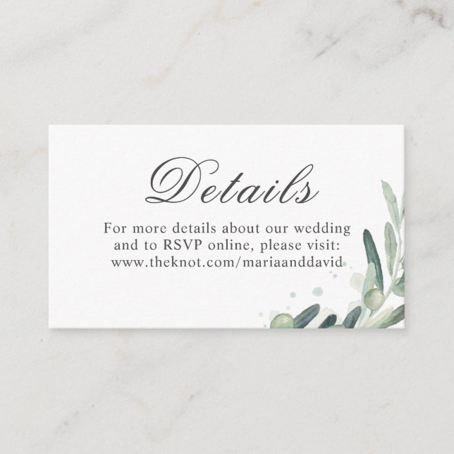 Elegant Olive Sprig Greenery Wedding Details Enclosure Card (Front)
