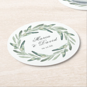 Elegant Olive Sprig Wreath Greenery Wedding Favour Round Paper Coaster