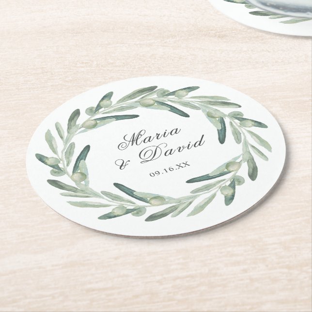 Elegant Olive Sprig Wreath Greenery Wedding Favour Round Paper Coaster (Angled)