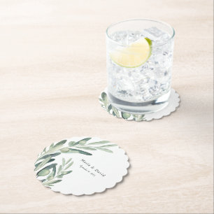 Elegant Olive Sprig Wreath Wedding Favour Paper Coaster