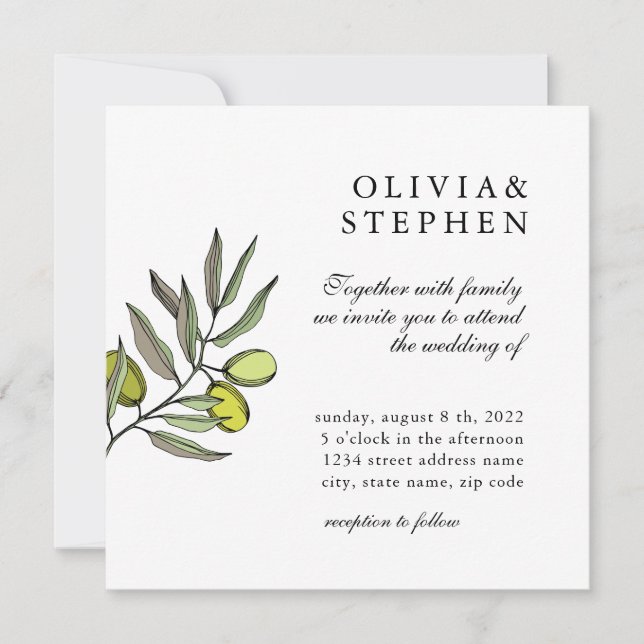 Elegant olive. Traditional classic Wedding Invitation (Front)