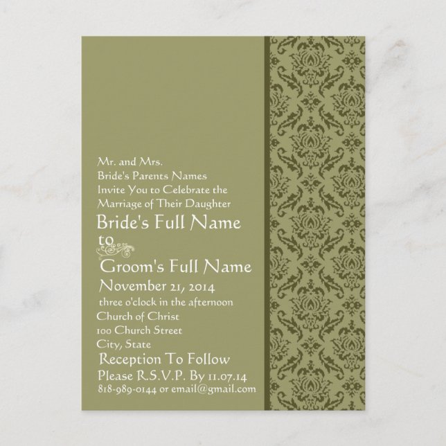 Elegant  Olive & White Damask  Wedding Invitation Postcard (Front)