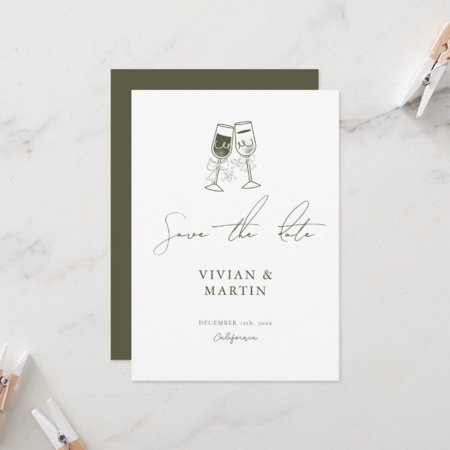 Elegant Olive wood Green Save The Date Invitation (Front/Back In Situ)