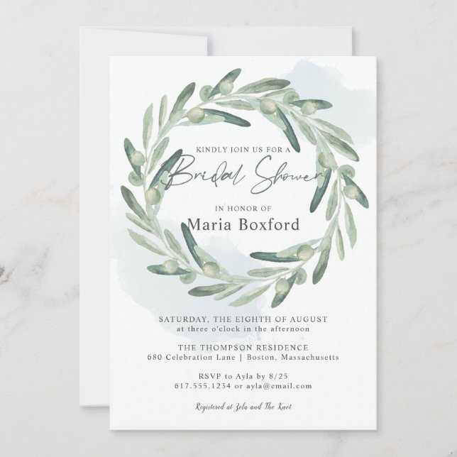 Elegant Olives Sprig Branch Wreath Bridal Shower Invitation (Front)