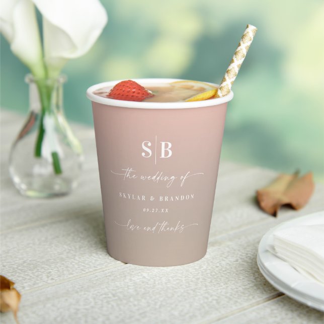 Elegant Ombre Blush & Beige Monogrammed Wedding Paper Cups (Insitu)