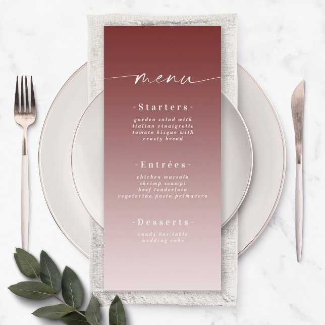 Elegant Ombre Cinnamon Red & Powder Pink Wedding Menu (Creator Uploaded)