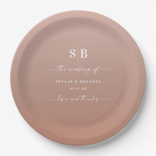 Elegant Ombre Clay & Pink Monogrammed Wedding Paper Plate