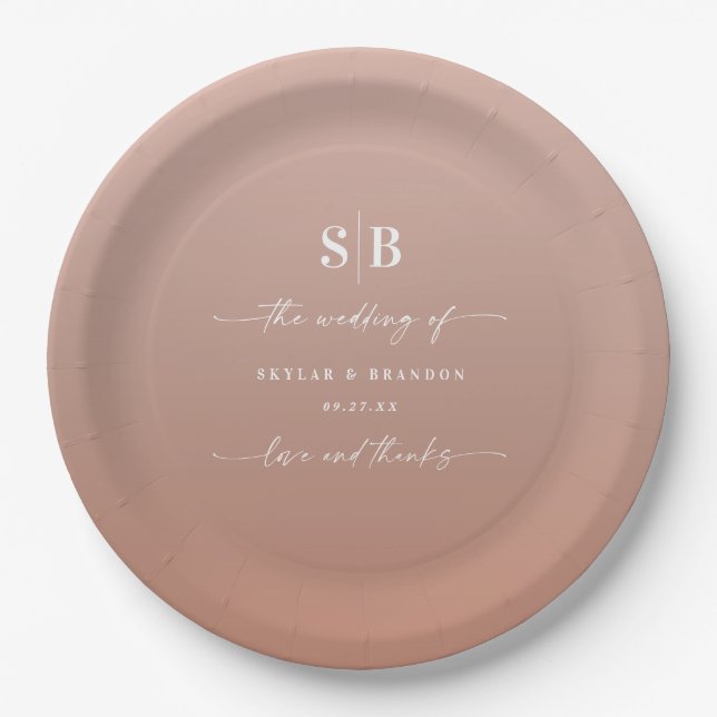 Elegant Ombre Clay & Pink Monogrammed Wedding Paper Plate (Front)