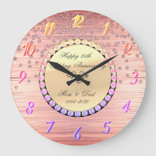 Elegant Ombre Diamonds 25th Wedding Anniversary Large Clock (Front)
