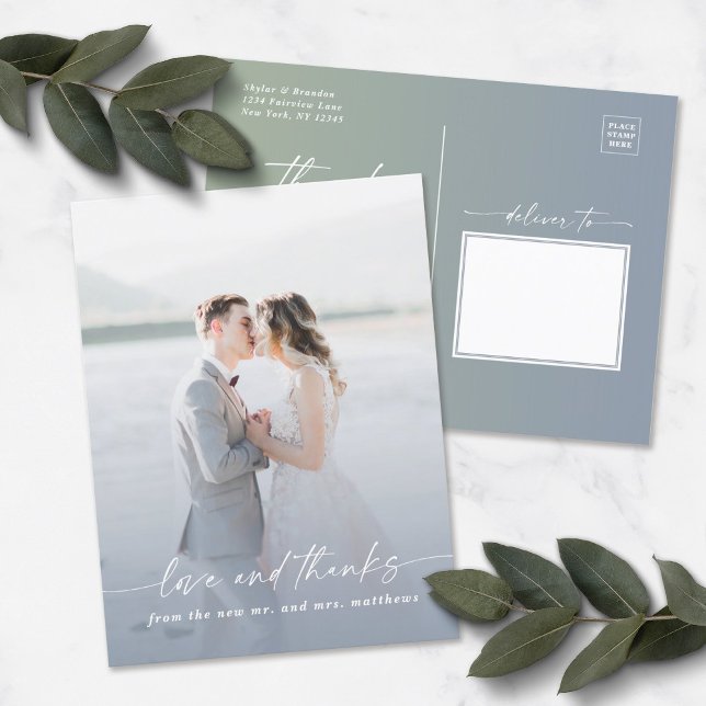 Elegant Ombre Dusty Blue Wedding Photo Overlay Postcard (Creator Uploaded)