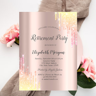 Elegant Ombre Glitter Drips Rose Gold Retirement  Invitation