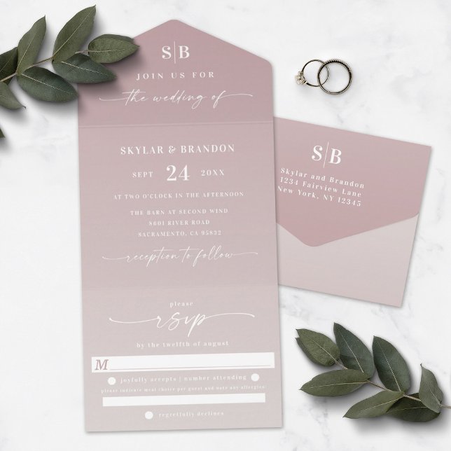 Elegant Ombre Monogram Dusty Mauve & Ivory Wedding All In One Invitation (Creator Uploaded)