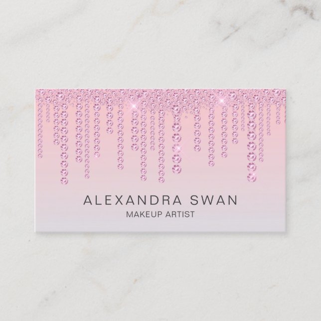 Elegant ombre pink & blue diamonds makeup artist business card (Front)