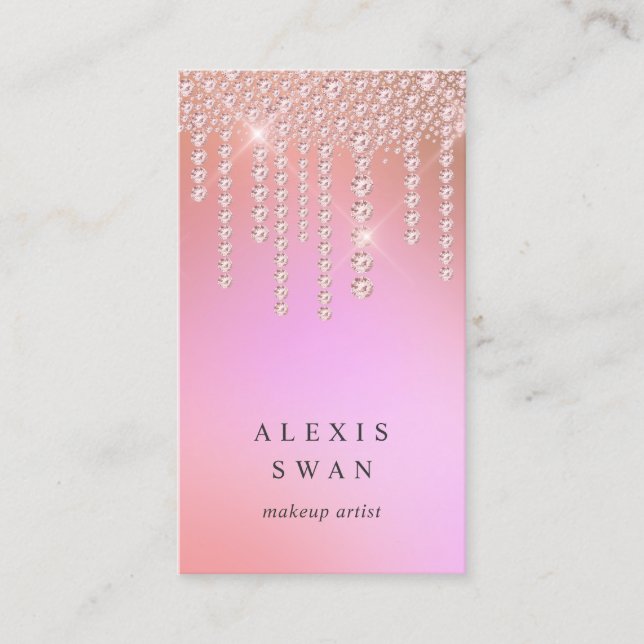Elegant ombre pink & purple diamonds makeup artist business card (Front)