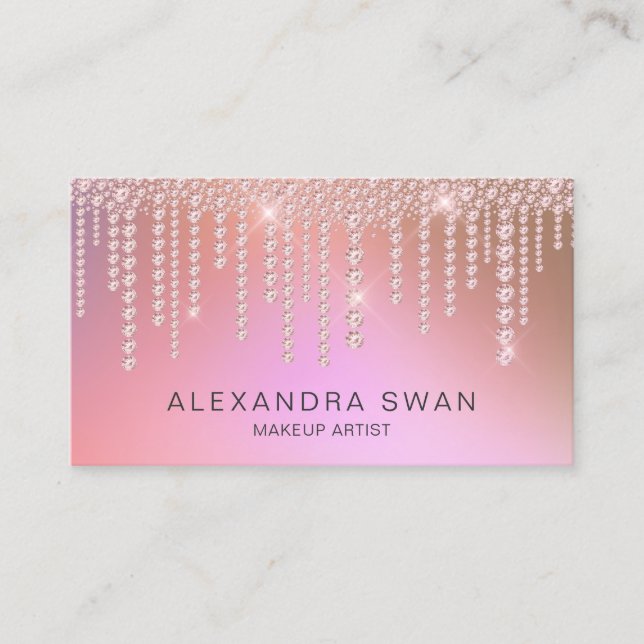 Elegant ombre pink & purple diamonds makeup artist business card (Front)