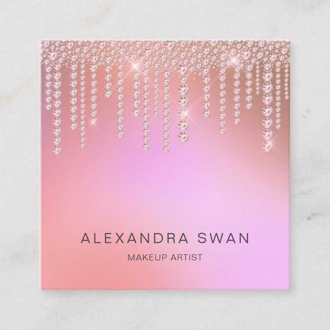 Elegant ombre pink & purple diamonds makeup artist square business card (Front)