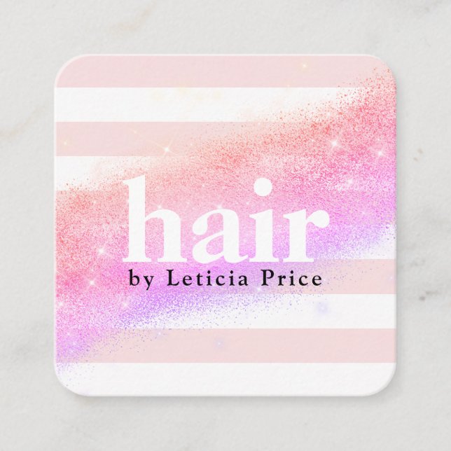 Elegant ombre purple pink glitter stripes hair square business card (Front)