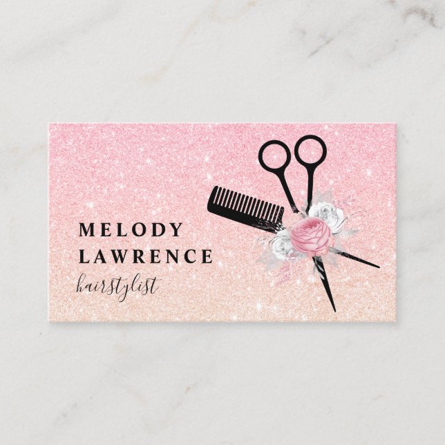 Elegant ombre rose gold scissors comb hairstylist business card (Front)