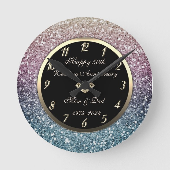 Elegant Ombre Sequins 50th Wedding Anniversary Round Clock (Front)