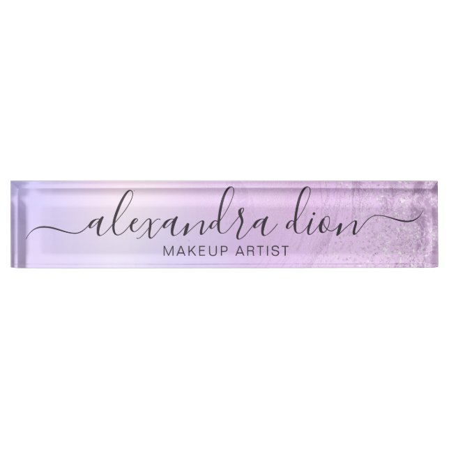 Elegant ombre violet glitter marble makeup artist nameplate (Front)