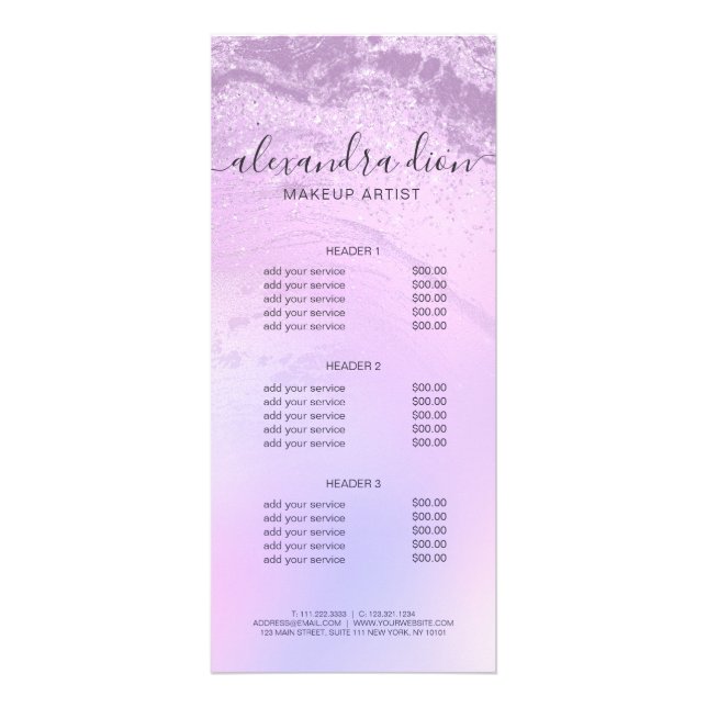 Elegant ombre violet glitter marble makeup artist rack card (Front)