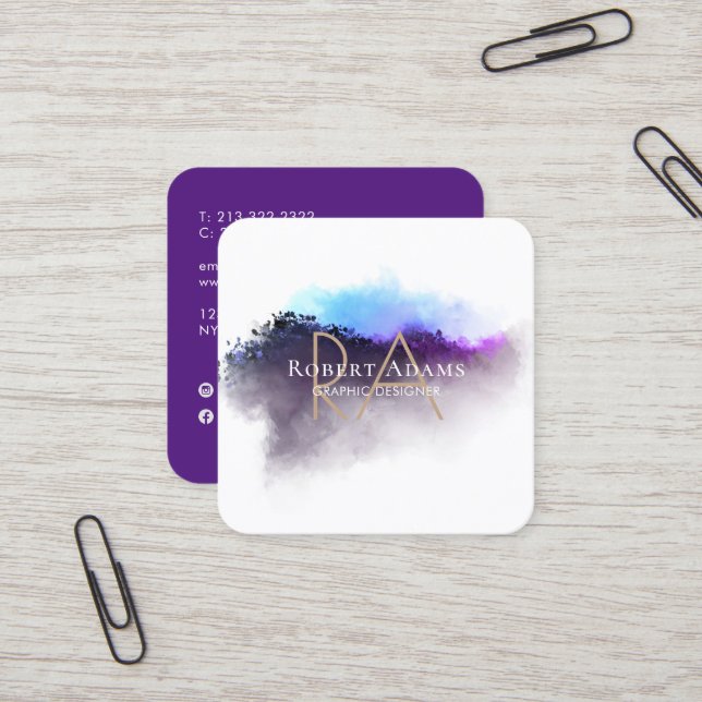 Elegant Ombre Watercolor Abstract Monogrammed Square Business Card (Front/Back In Situ)