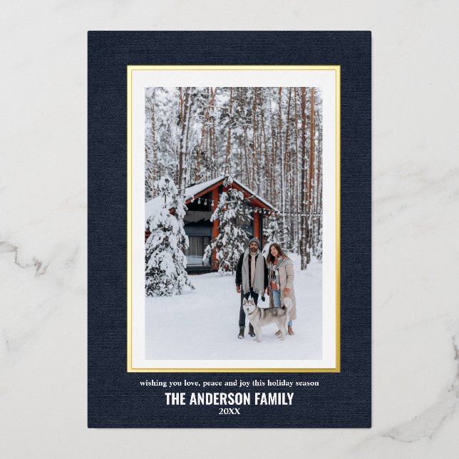 Elegant One Photo Blue Gold Christmas  Foil Holiday Card (Front)