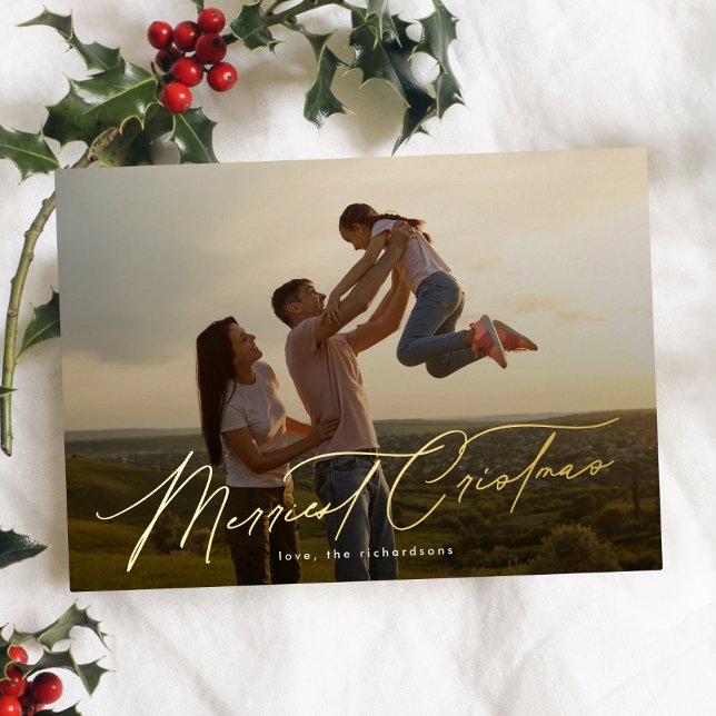 Elegant One Photo Gold Merry Christmas Typography Foil Holiday Card (Creator Uploaded)