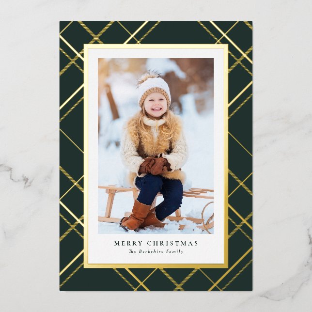 Elegant one photo green gold Christmas plaid Foil Holiday Card (Front)