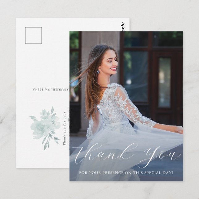Elegant One Photo Quinceanera Blue Floral Script Postcard (Front/Back)