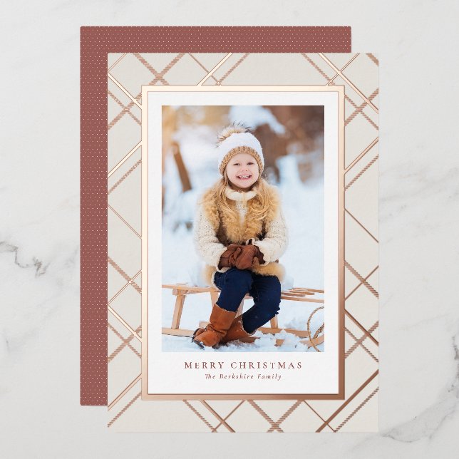 Elegant one photo rose gold modern Christmas Foil Holiday Card (Front/Back)