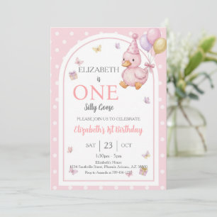 Elegant One Silly Goose Pink Bow Girl 1st Birthday Invitation