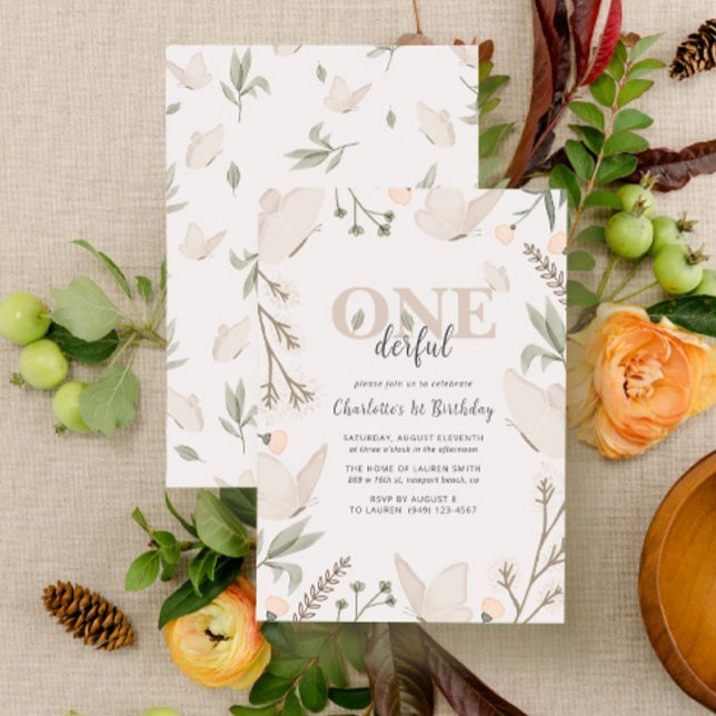 Elegant Onederful Butterfly Floral 1st Birthday  Invitation (Easily personalize this sweet baby's first birthday invite with your unique details)