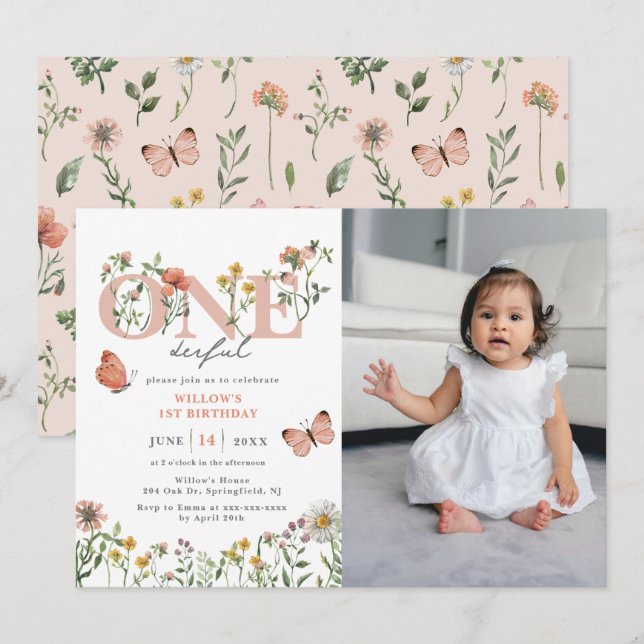 Elegant Onederful Wildflower 1st Birthday Invitation (Front/Back)