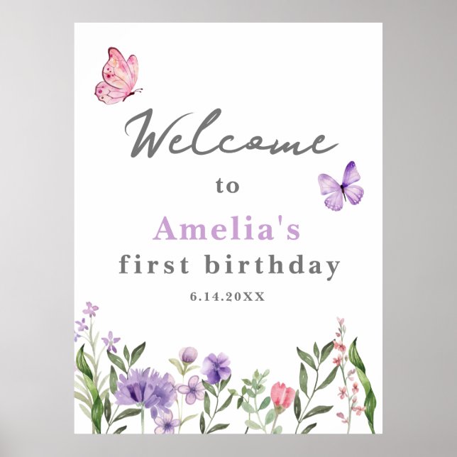 Elegant Onederful Wildflower 1st Birthday Welcome Poster (Front)