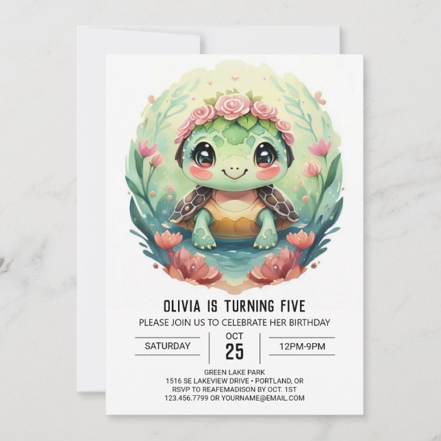 Elegant Online Turtle Girl Birthday Invitation (Front)