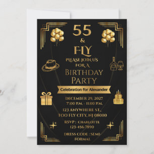 ELEGANT ONYX & GOLD 55 & FLY 5X7 MEN'S BIRTHDAY INVITATION