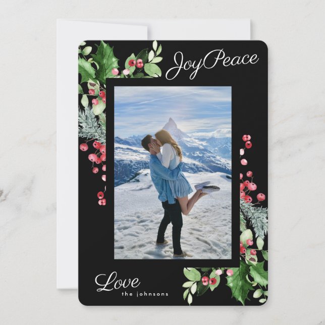  Elegant Onyx | Joy Peace Love | Black Editable Holiday Card (Front)