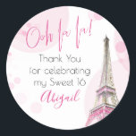 Elegant Ooh la la Paris Eiffel Tower Pink White Classic Round Sticker<br><div class="desc">Elegant stickers which you can customise for any occasion and use as favour labels, envelope seals etc. Parisian chic design with Ooh la la! exclamation and pink script typography. The Paris Eiffel Tower is a watercolor illustration with pink and gold highlights, surrounded with subtle pink bokeh. The template is ready...</div>