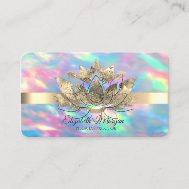 Elegant Opal Holographic,Gold Stripe,Lotus    Business Card (Front)
