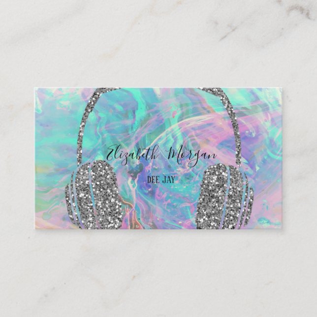 Elegant Opal Silver Glitter Headphone DJ Business Card (Front)