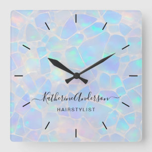 Elegant Opal Stone Personalized Name Business Square Wall Clock