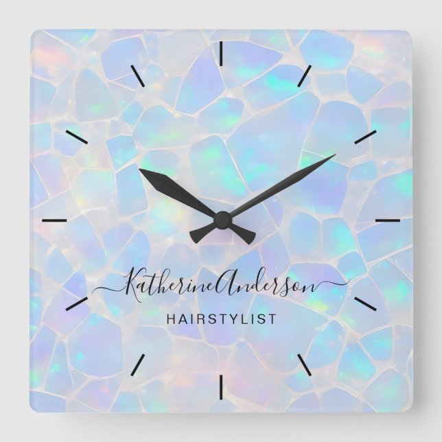 Elegant Opal Stone Personalized Name Business Square Wall Clock (Front)