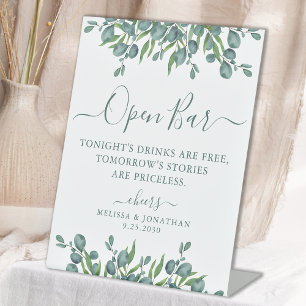 Elegant Open Bar Eucalyptus Personalised Wedding  Pedestal Sign