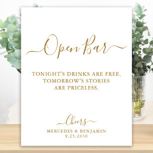 Elegant Open Bar Gold Script Personalised Wedding Poster