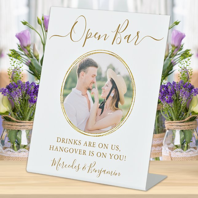 Elegant Open Bar Personalised Gold Photo Wedding  Pedestal Sign (Creator Uploaded)