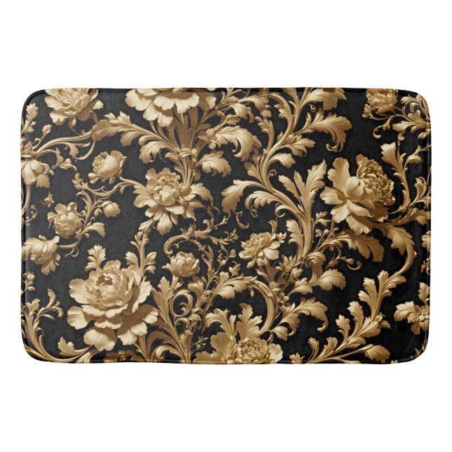 Elegant Opulence: Black and Gold Flowers Flemish Bath Mat (Front)