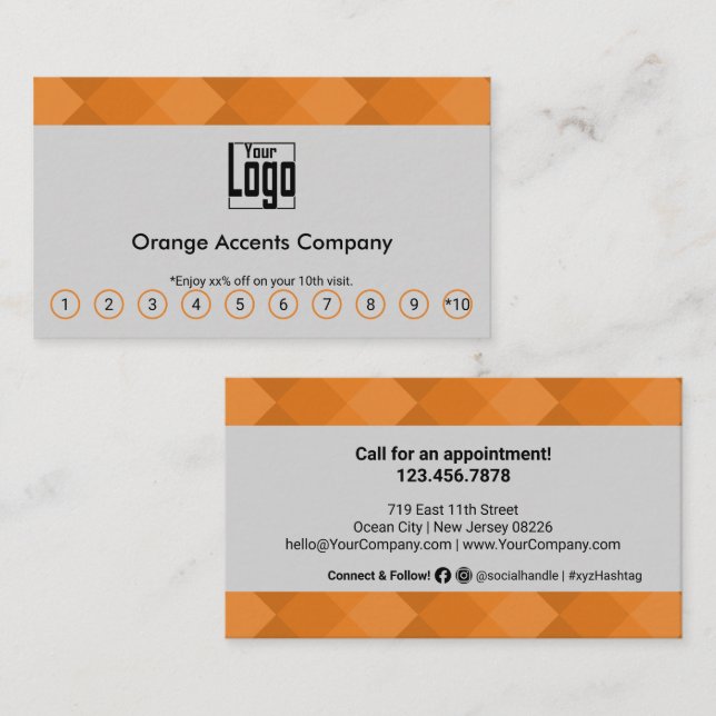 Elegant Orange Accents Logo Social Media Call Loyalty Card (Front/Back)