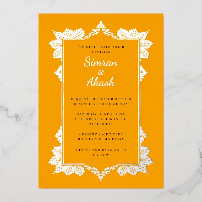 Elegant orange and silver foil indian wedding (Front)