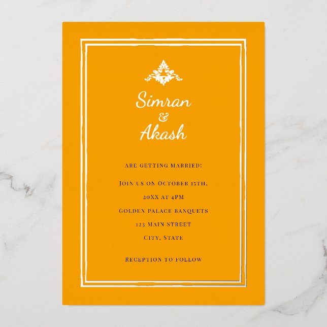 Elegant orange and silver wedding invitation (Front)